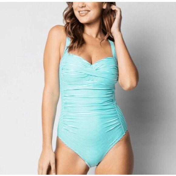 Bond-Eye Australia Turquoise Striped Twist Front‎ One Piece Swimsuit Size 8 Teal - Picture 1 of 16